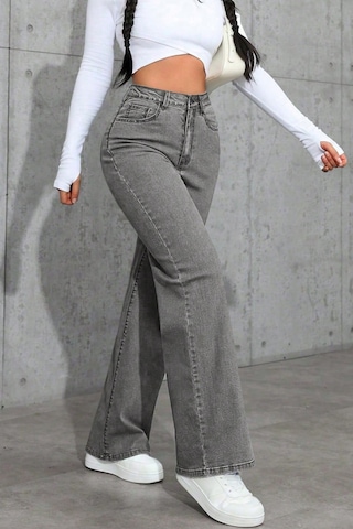 Füme Palazzo Pantolon Wide Leg Yüksek Bel Denim Jeans Füme