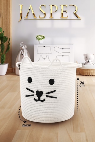 Jasper Beyaz Tekli Jüt İp Kedi Tasarımlı Çocuk Odası Organizer