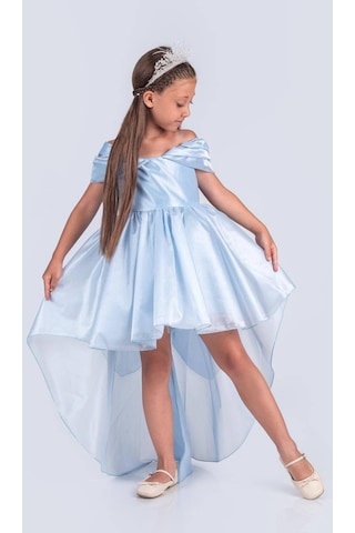 Prenses Modeli Arkası Uzun Abiye Elbise Kız Çocuk İçin Özel Gün Ve Doğum Günü Elbisesi Mavi