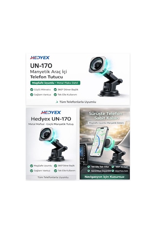 Hedyex Un-170 Araç İçi Telefon Tutucu Vantuzlu Mıknatıslı Cam Ve Torpido Uyumlu