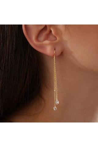 Queen Silver Jewelry 925 Ayar Gümüş 3 Boy Zirkon Taş Sallantılı Küpe Altın