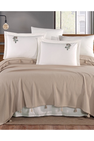 Newhome Çift Kiş. Saçaklı Elnakışlı %100pamuk Piketakımı-kapiçino Cappuccino