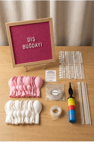 Diş Buğdayı Süsleme Deluxe Set Kız Pembe Keçe Yazı Panosu Standlı Pompa Balon Zincirli 7 Li Balon Standlı Çocuk