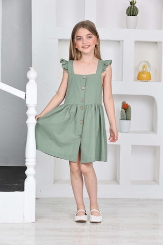 Kız Çocuk %100 Pamuk Keten Elbise 12197 Çağla Yeşili