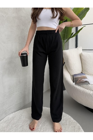 Kadın Siyah Yüksek Bel Fitilli Bol Paça Günlük İnce Eşofman Altı