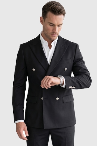 Rizzup Erkek Siyah Slim Fit Kruvaze Takım Elbise Likralı Çizgili Dokulu Metal Düğmeli 2600820