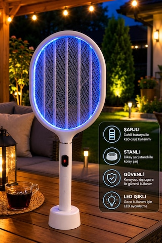 Glr Ltd-718 Beyaz Elektrikli Sinek Raketi 1200mah Bataryalı, Type-c Şarjlı, Dijital Ekranlı Sinek Ö