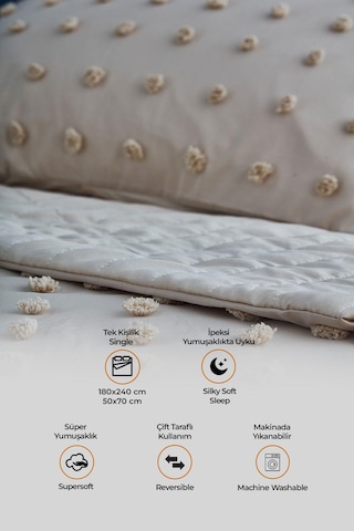 Evlen Home Pamuklu Emmy Yatak Örtüsü Seti Günlük Tek Kişilik Boho 2 Parça Dolgulu Tufting Bej Bej