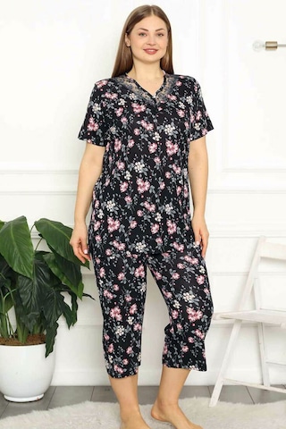 Alimer Kadın Siyah Büyük Beden Bermuda Viskon Pijama Takm 2708b-s Siyah