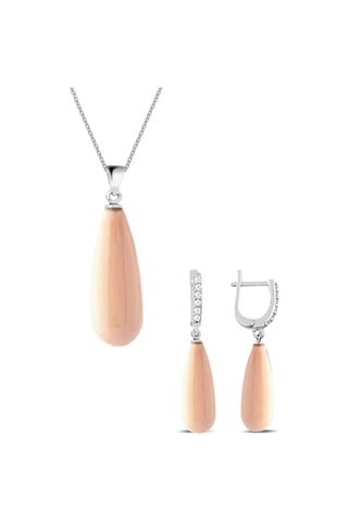 Gümüş Uzun Damla Model Kolye Küpe Pembe Inci Set
