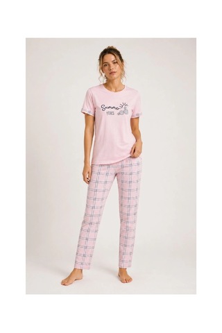 Ertaş Trend Sore Kadın Pamuklu Penye Summer Baskılı Kısa Kollu Pijama Takımı Ekose Desenli - Pembe Birden Fazla