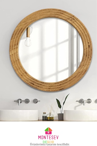 Antik Ahşap Dekoratif Ayna Yuvarlak Banyo Duvar Aynası 56 Cm Naturel