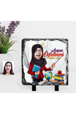 Kişiye Özel Tesettürlü Bayan Öğretmen Karikatürlü Dekoratif Doğal Taş - 1