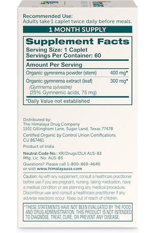 Himalaya Organic Gymnema Sylvestre Herbal Glucose Support 700 Mg, 60 Caplets Aromasız