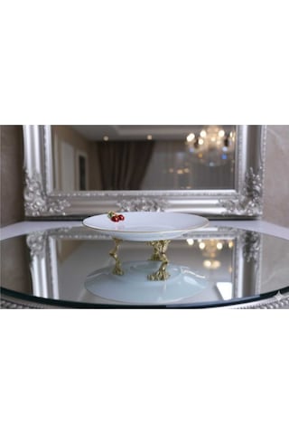 Çnr Home Collection Metal Ayakli Yaldizli Porselen Sunumluk Kurabiyelik Beyaz