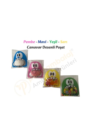 50 Adet 4 Renkli Canavar Desenli Cake Pop & Kurabiye Poşeti - 10x15 Cm