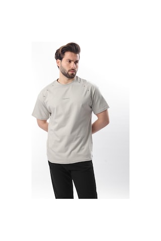 Madmext Boyalı Gri Baskılı Nakış Detaylı Erkek T-shirt E7108 Boyalı Gri