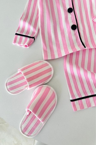 Minigimin Cicileri Çizgi Desenli Terlikli Kız Çocuk Pijama Takımı - Açık Pembe