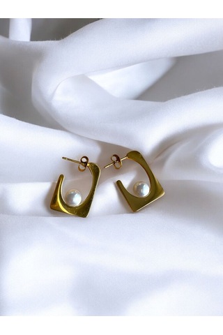 Çelik Gold Inci Detaylı Dikdörtgen Kadın Küpe Sevgiliye Hediye Gold