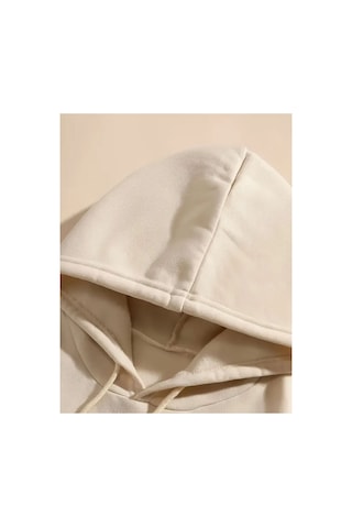 Herkesemoda Arka Kurt Baskı Detaylı İçi Polarlı Kapüşonlu Sweatshirt Bej
