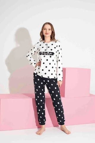 Miniğimin Cicileri Termal Kumaş Puantiye Desenli Kız Çocuk Pijama Takımı - Siyahbeyaz Siyah - Beyaz