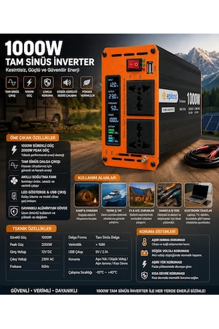 1000w Tam Sinüs İnverter 12v Ac Çevirici Sessiz Fanlı, Usb Çıkışlı, Araç Karavan Tekne Solar Uyuml