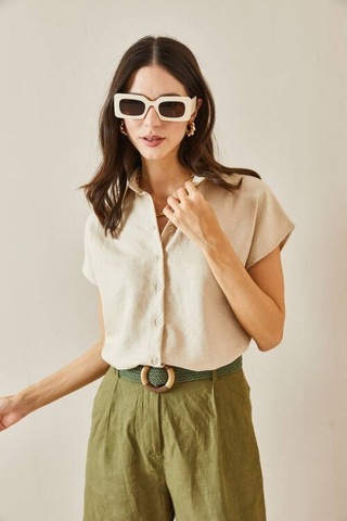 Kadın Keten Kumaş Kısa Kollu Gömlek Karışık Çok Renkli