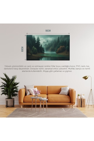Doğa Ve Manzara Yatay Yoğun Ağaçlar Ve Gizli Göl, Sisli Vadi, Gizemli Ruh Hali Soluk Renkler 03 Çerçevesiz 90x60cm Pvc Tablo
