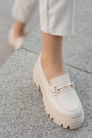 Garantili D124 Kadın Kalın Taban Zincirli Loafer Günlük Ayakkabı Bej