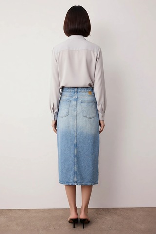 Benerly Kadın Midi Denim Etek Önden Düğmeli Yırtmaçlı A-line Kesim %100 P Mavi