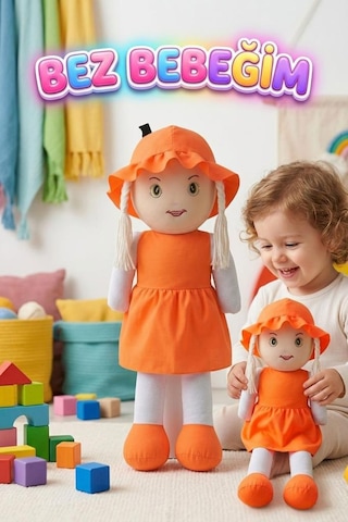 Ayşe Bebek 58cm Dev El Yapımı Renkli Şapkalı Ve Elbiseli Oyun Arkadaşı Oyuncak Bez Bebek Turuncu