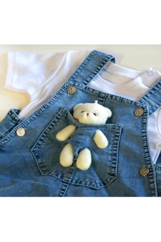 Bilge Trend Oyuncaklı Bebek Kot Salopet Tişört Takım Slopet T-shirt Takım Mavi
