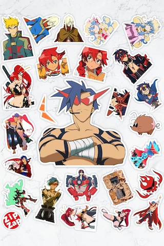 Gurren Lagann Tengen Toppa Anime Telefon Laptop Yapışkanlı Folyo Sticker Paketi 25 Adet Çok Renkli