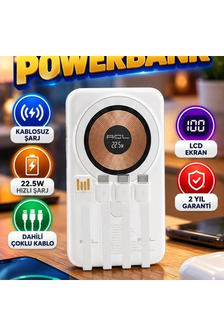 Manyetik Kablosuz Şarjlı Powerbank Dahili Çoklu Kablo Ve Lcd Ekran Renkli