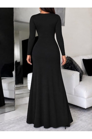 Meridefashion Uzun Kollu Bisiklet Yaka Bel Geometrik Korsaj Detaylı Uzun Dalgıç Elbise - 62682 2xl/3xl Siyah