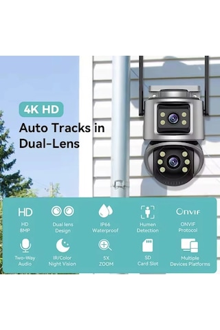 6mp Çift Lensli Wifi Güvenlik Kamerası 360 Gece Görüş Ip65 Su Geçirmez Hareket Algılama Kamera