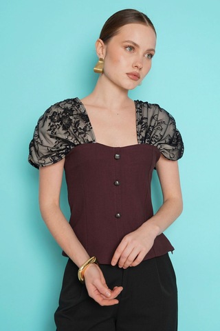 Verymoda Omuz Dantel Detaylı Kayık Yaka Bluz D2994 Kahve