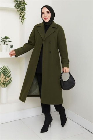 Neşeli Butik Kadın Düğme Detaylı Astarlı Midi Boy Kuşaklı Kaşe Kaban Nbft004 Haki