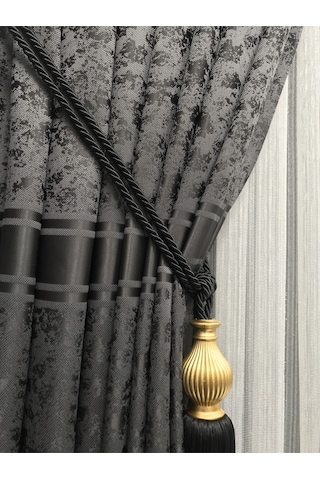 Pano Siyah Kuşak Çizgili Antrasit Fon Perde Orta-sık Pile Fon Antrasit