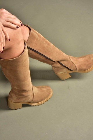 Fox Shoes R654047702 Taba/kahverengi Hakiki Deri Süet Kalın Topuklu Kadın Çizme Kahverengi - Taba