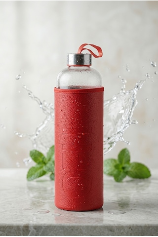 H2o Sağlıklı Cam Matara 1000 Ml Su Şişesi, Deri Kılıflı 1 Lt Sporcu Suluğu Kırmızı