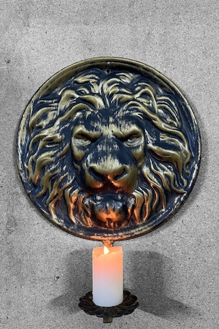 Aju Metal Aslan Figürlü Dekoratif Duvar Şamdan Mumluk - Siyah Ve Gold Eskitme Tasarım, Şık Ve Asil Dekor Siyah