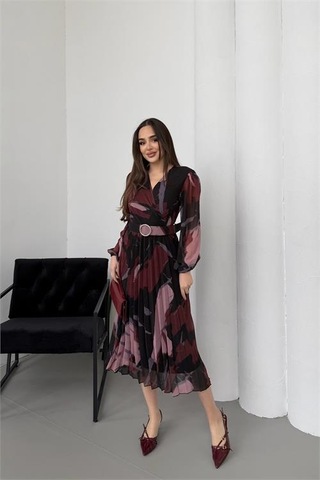 Neşeli Butik Kadın Bordo Beli Kemerli Piliseli Şifon Astarlı Midi Boy Elbise Nbelb04 Bordo