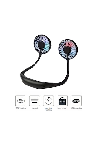 Symbee Boyun Bağlı Mini Fan, 3 Hızlı, 360 Ayarlanabilir, Kokulu Pamuk, Led Işıklı, Usb Şarjlı, Taşınabilir Soğutucu - Siyah