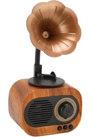 Bukrem Store Retro Ahşap Görünümlü Gramofon Bluetooth Hoparlör Vintage Tasarım, Kablosuz Müzik Keyfi, Şarjlı Mini Gramofon