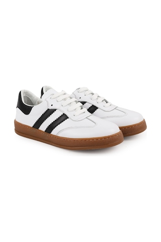 Lbr Kadın Sneaker Hakiki Deri Çift Şerit Çizgili Bağcıklı T-burun Karamel Kauçuk Taban Retro Ayakkabı L075.2324 Beyaz-siyah
