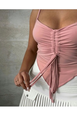 Önü Büzgülü Askılı Crop Pembe