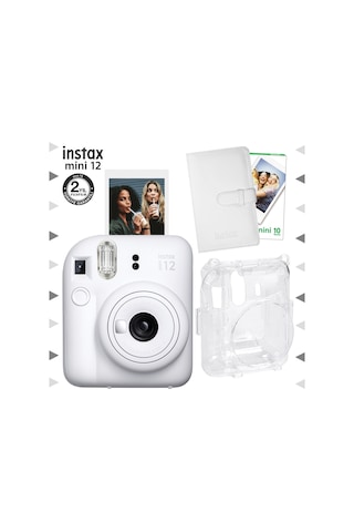 Fujifilm Instax Mini 12 Fotoğraf Makinesi + 10'lu Film + Laporta Albüm + Şeffaf Kılıf Seti Beyaz
