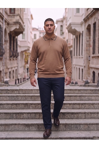 Maccali Erkek Camel Büyük Beden Gizli Fermuarlı Polo Yaka Triko Sweatshirt