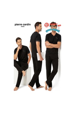 Pierre Cardin Paris Premium Erkek V Yaka Cepli %100 Pamuklu Penye Rahat Kalıp Kısa Kollu Pijama Takım Siyah